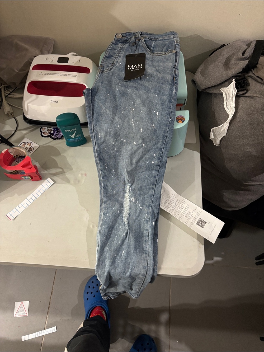 Boohoo Men's Light Blue Skinny Jeans with Paint-Splatter